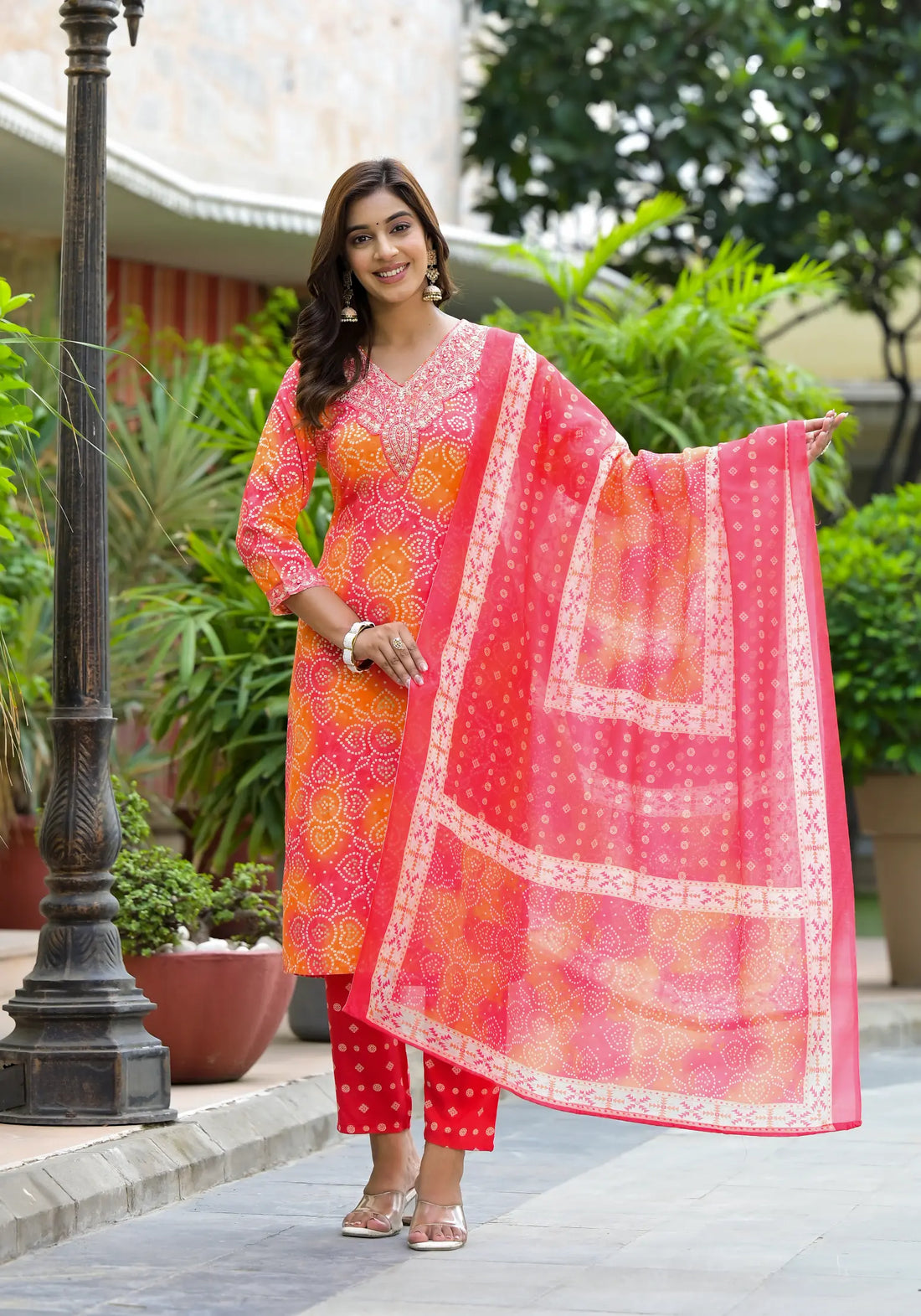 Orange Printed Straight Kurta Set with Dupatta