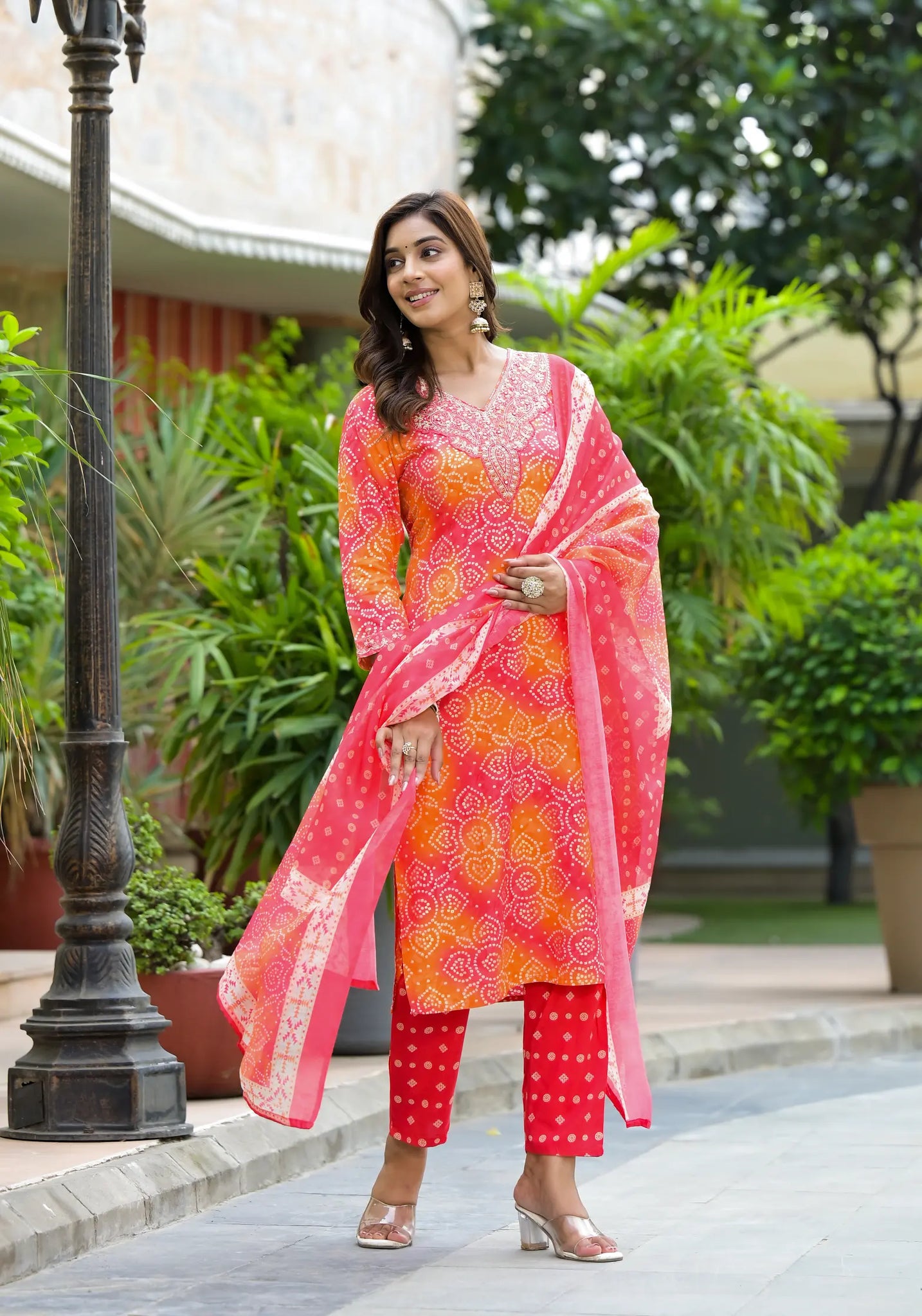 Orange Printed Straight Kurta Set with Dupatta