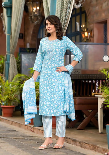 Blue Petal Cotton Elegance Straight Kurta Set