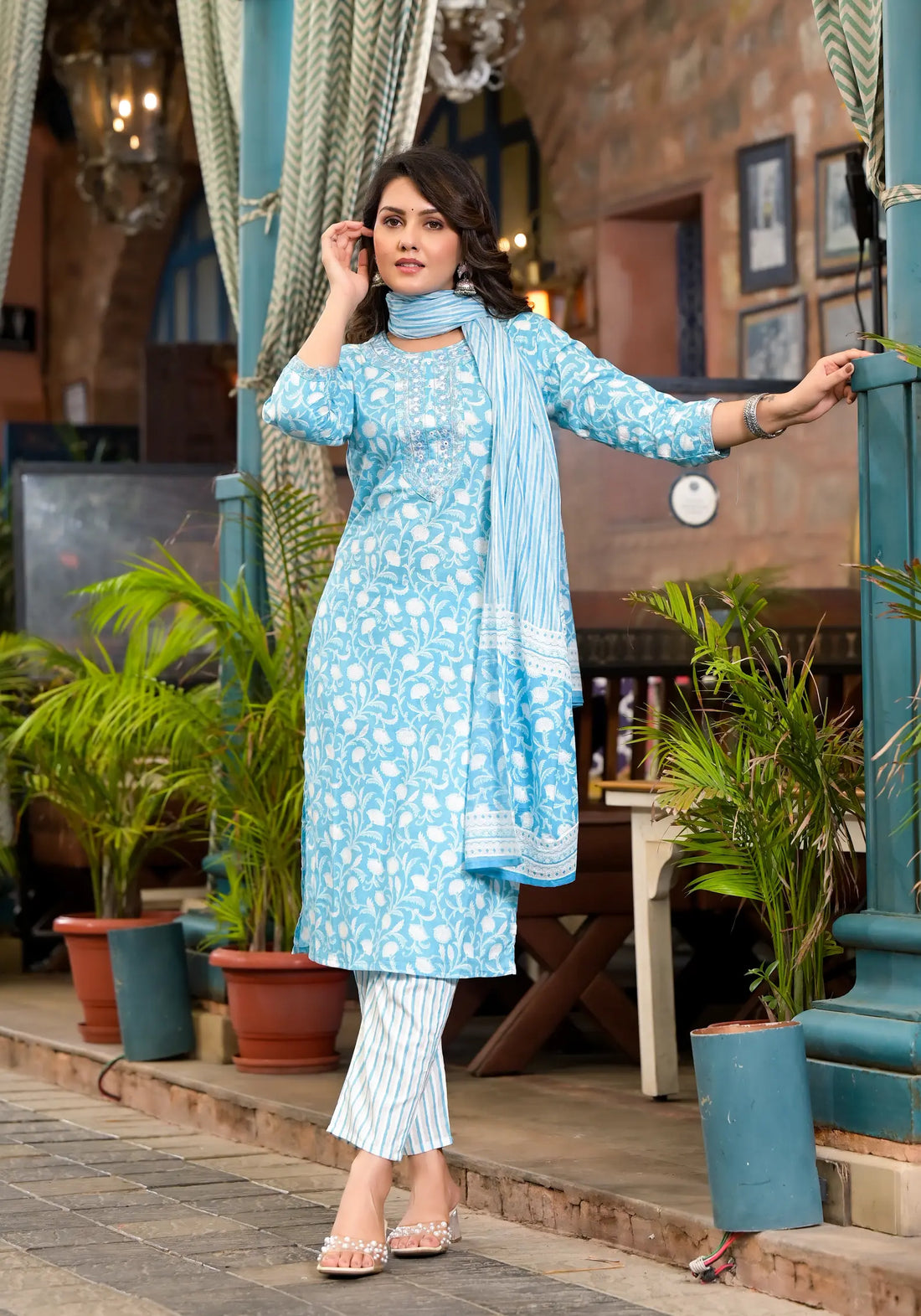 Blue Petal Cotton Elegance Straight Kurta Set