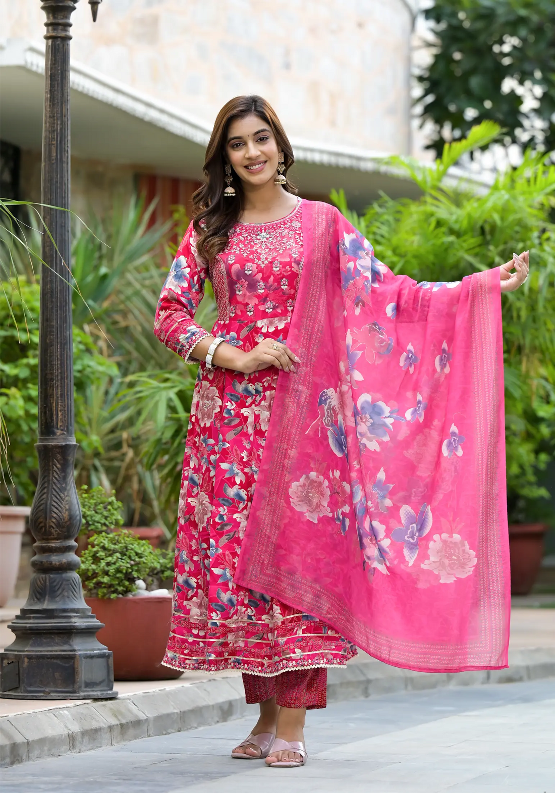 Rani Pink Floral Printed Designer Anarkali Set