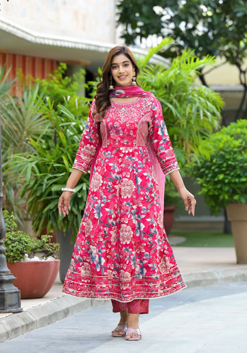 Rani Pink Floral Printed Designer Anarkali Set