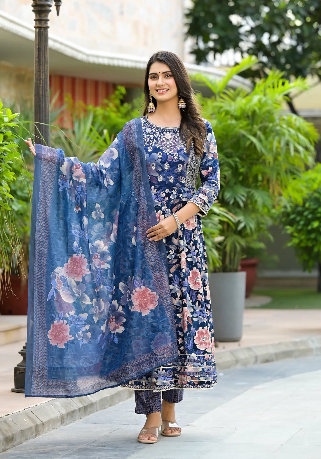 Dark Blue Floral Printed Designer Anarkali Set