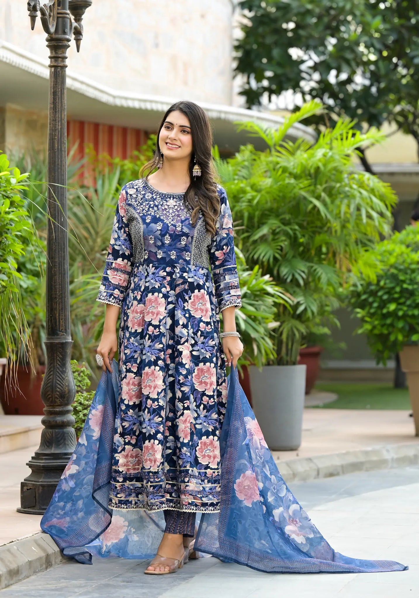 Dark Blue Floral Printed Designer Anarkali Set