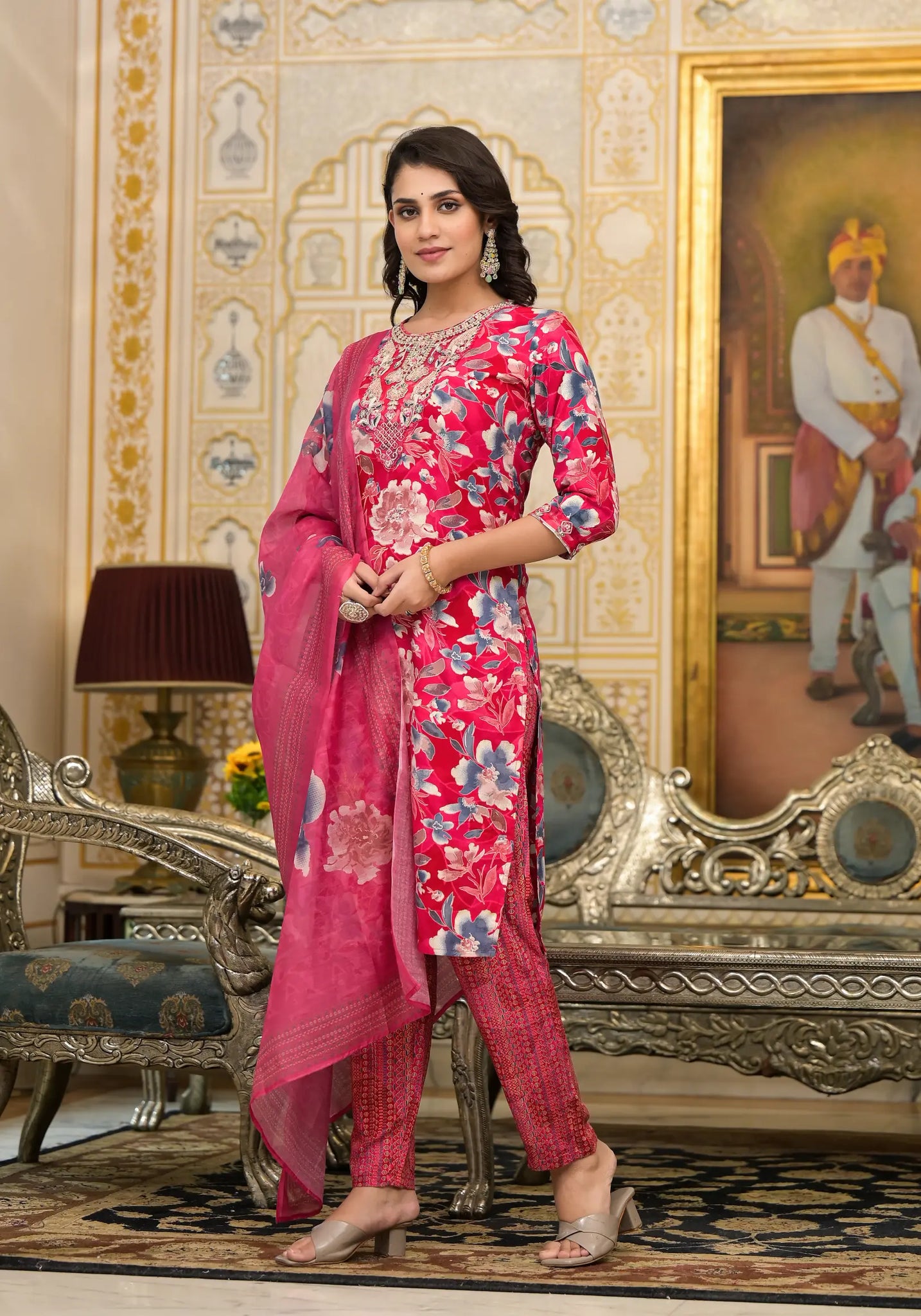 Royal Red Complete Printed Straight Kurta Set