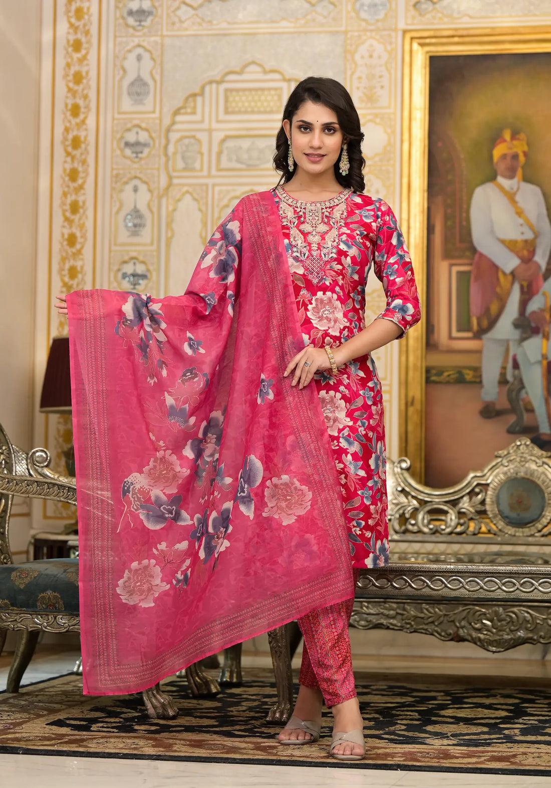 Royal Red Complete Printed Straight Kurta Set