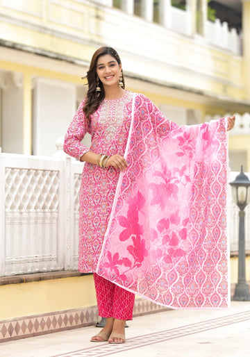 Baby Pink Printed Straight Ethnic Kurta Set