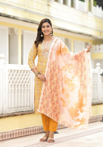 Lemon Yellow Printed Straight Ethnic Kurta Set