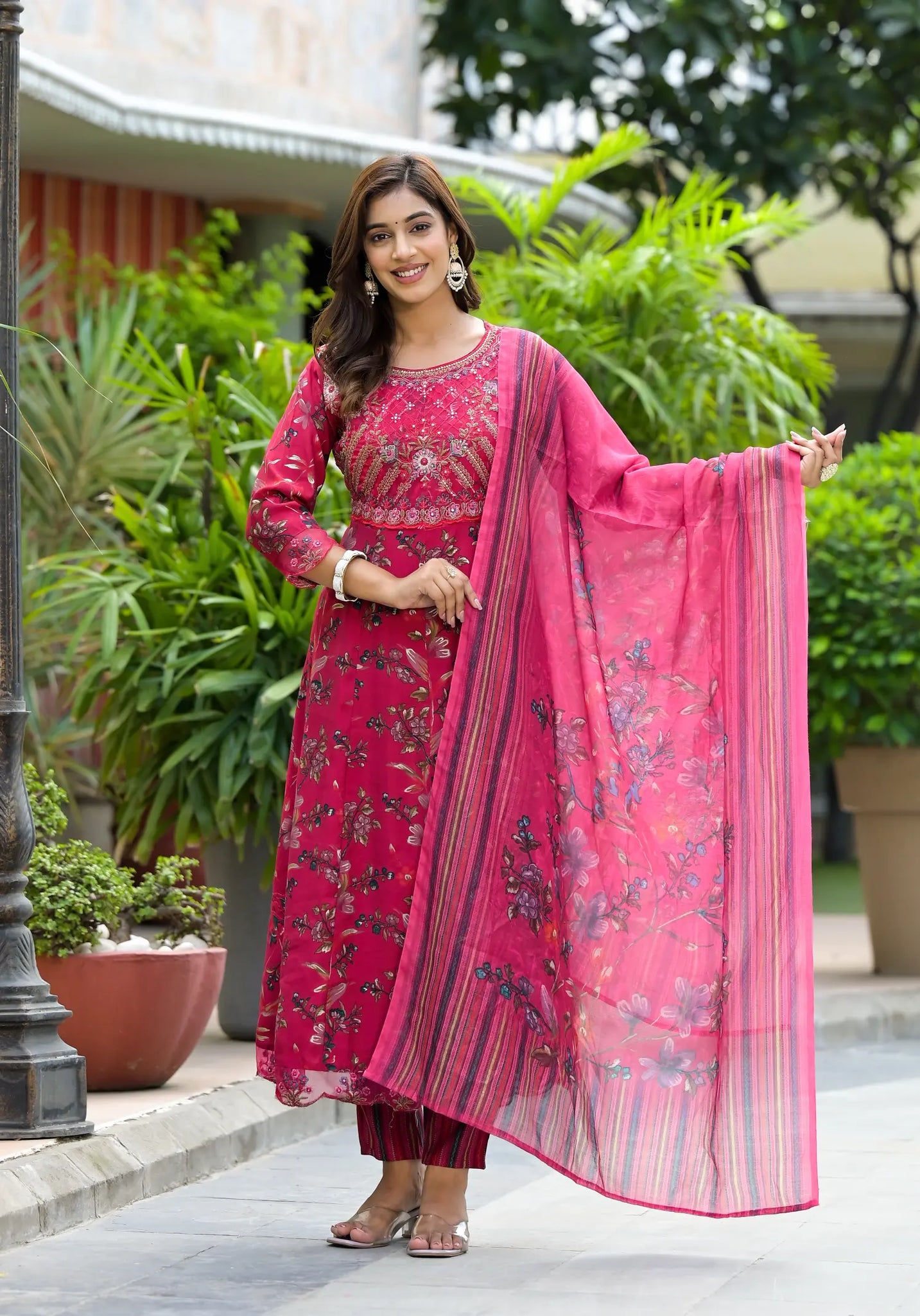 Red Pink Floral Printed New Stylish Anarkali Set