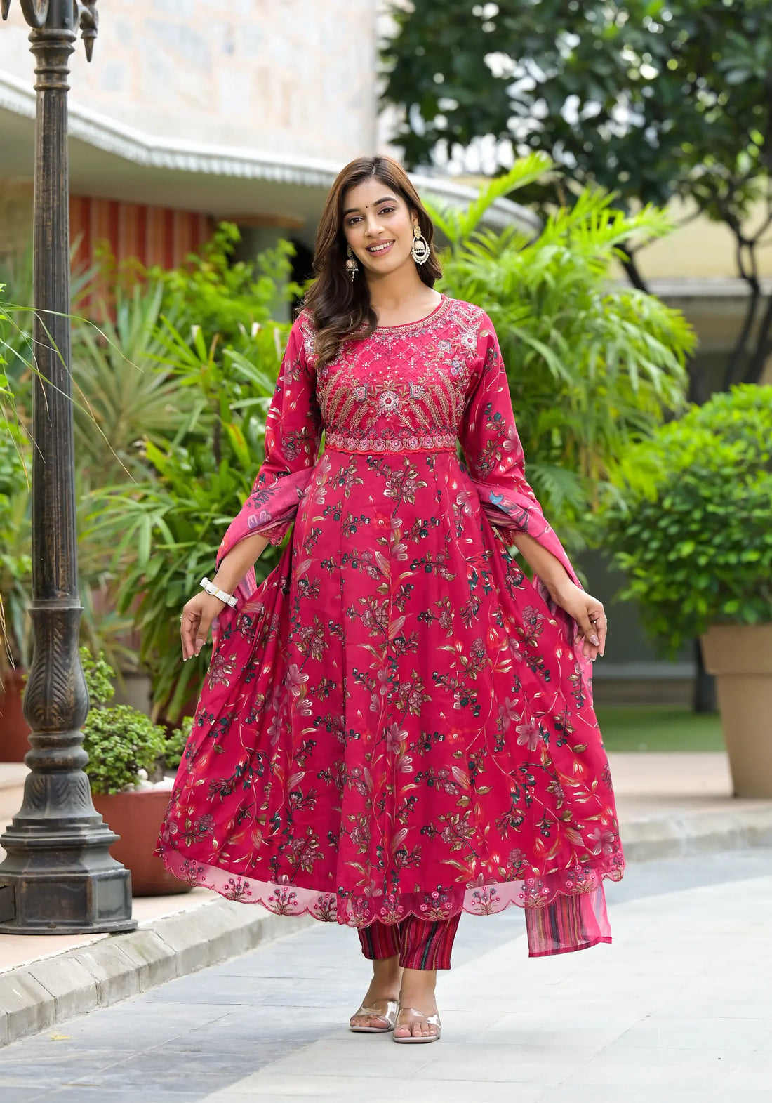 Red Pink Floral Printed New Stylish Anarkali Set