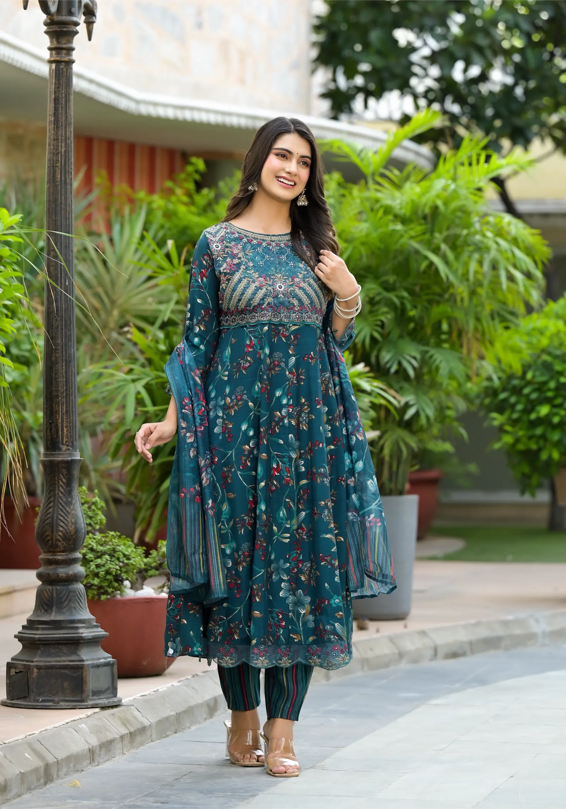 Deep Blue Floral Printed New Stylish Anarkali Set