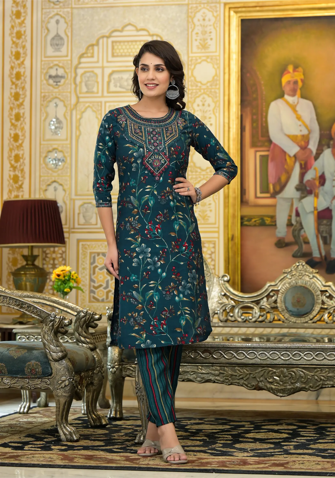 Forest Green Ethnic Printed Straight Kurta Set