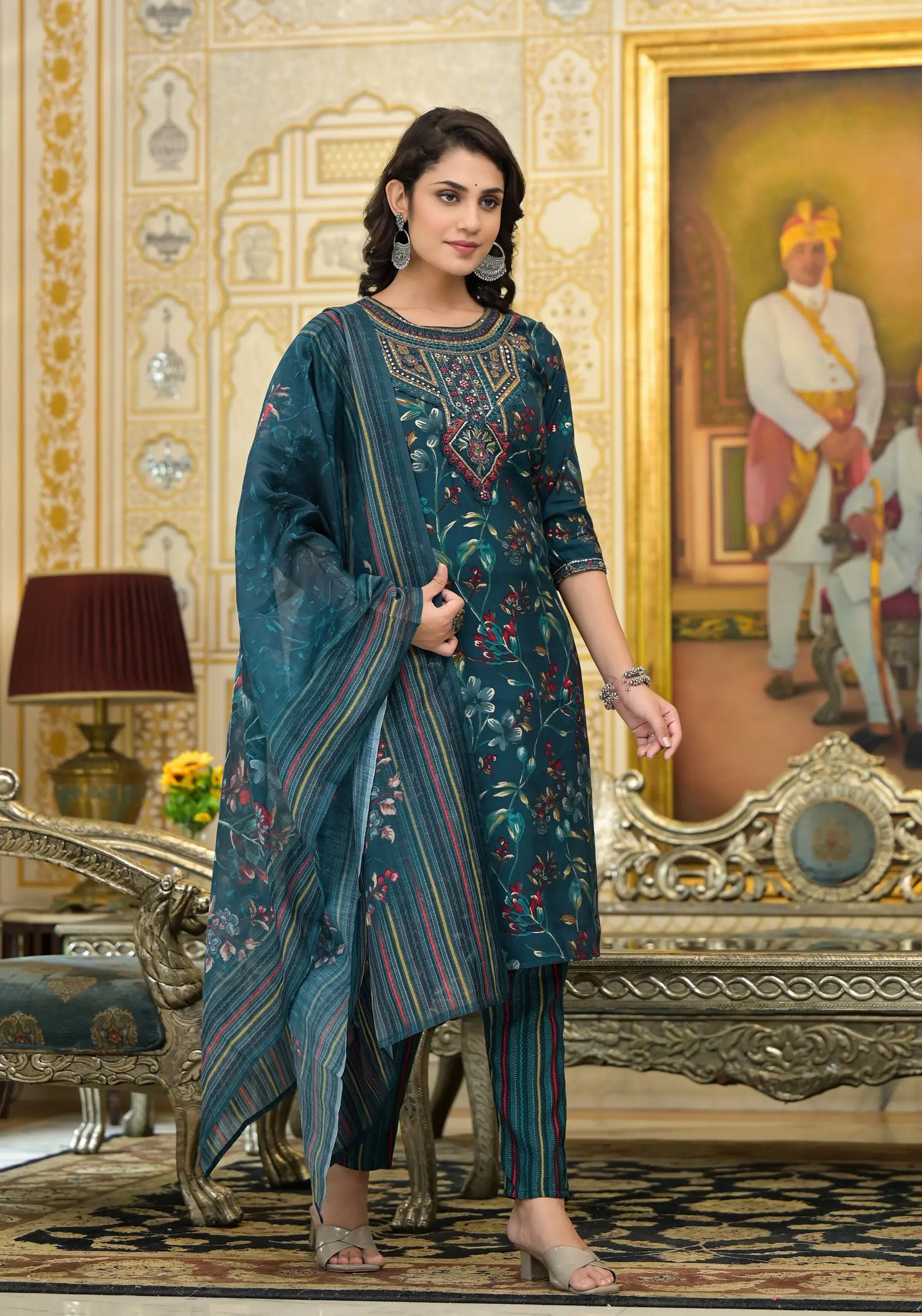 Forest Green Ethnic Printed Straight Kurta Set