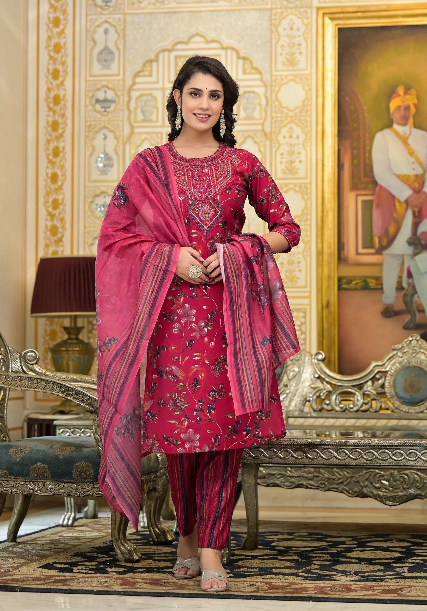 Wine Red Ethnic Printed Straight Kurta Set