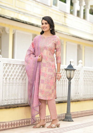 Violet Pink Printed Straight Kurta with Dupatta