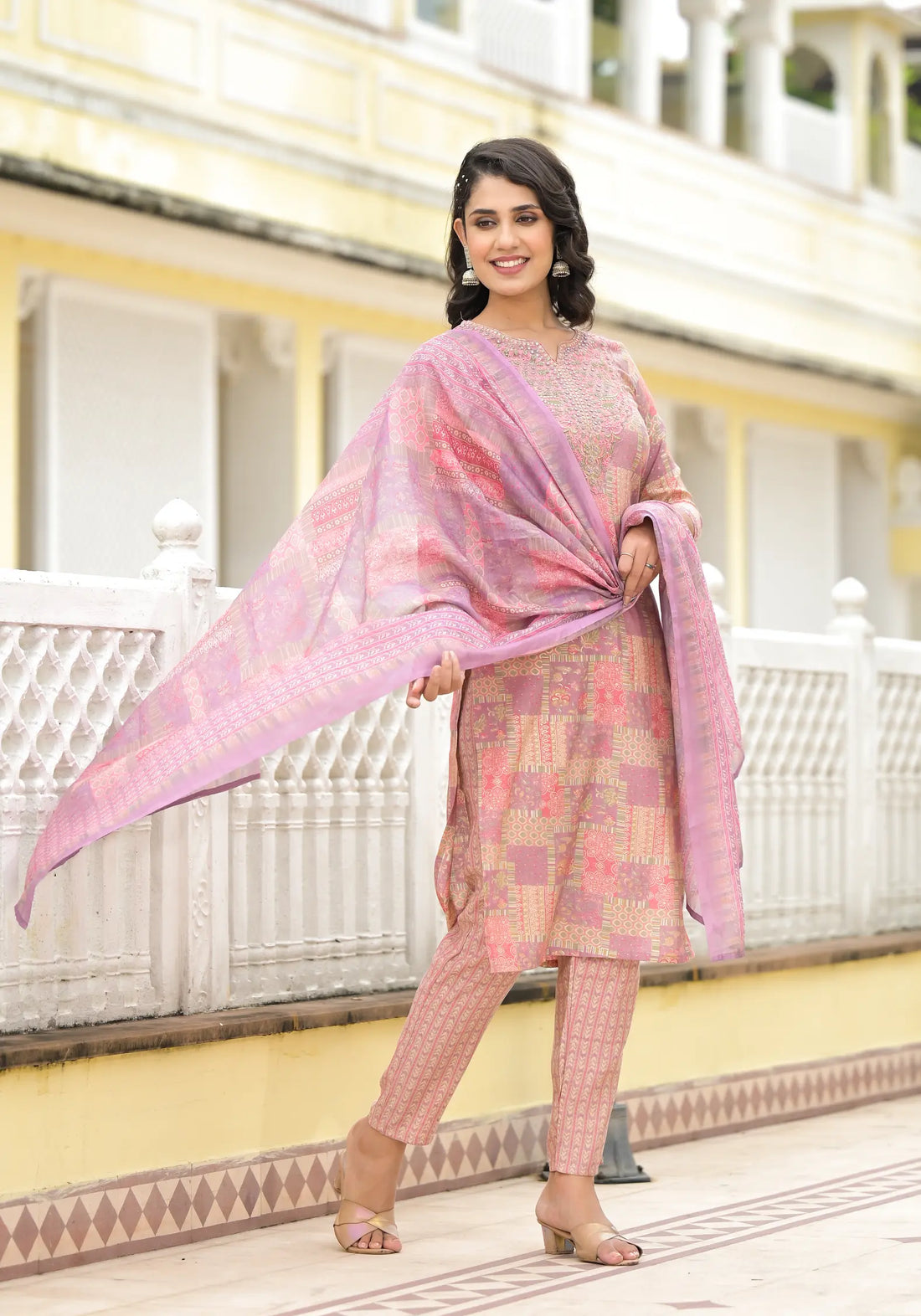 Violet Pink Printed Straight Kurta with Dupatta