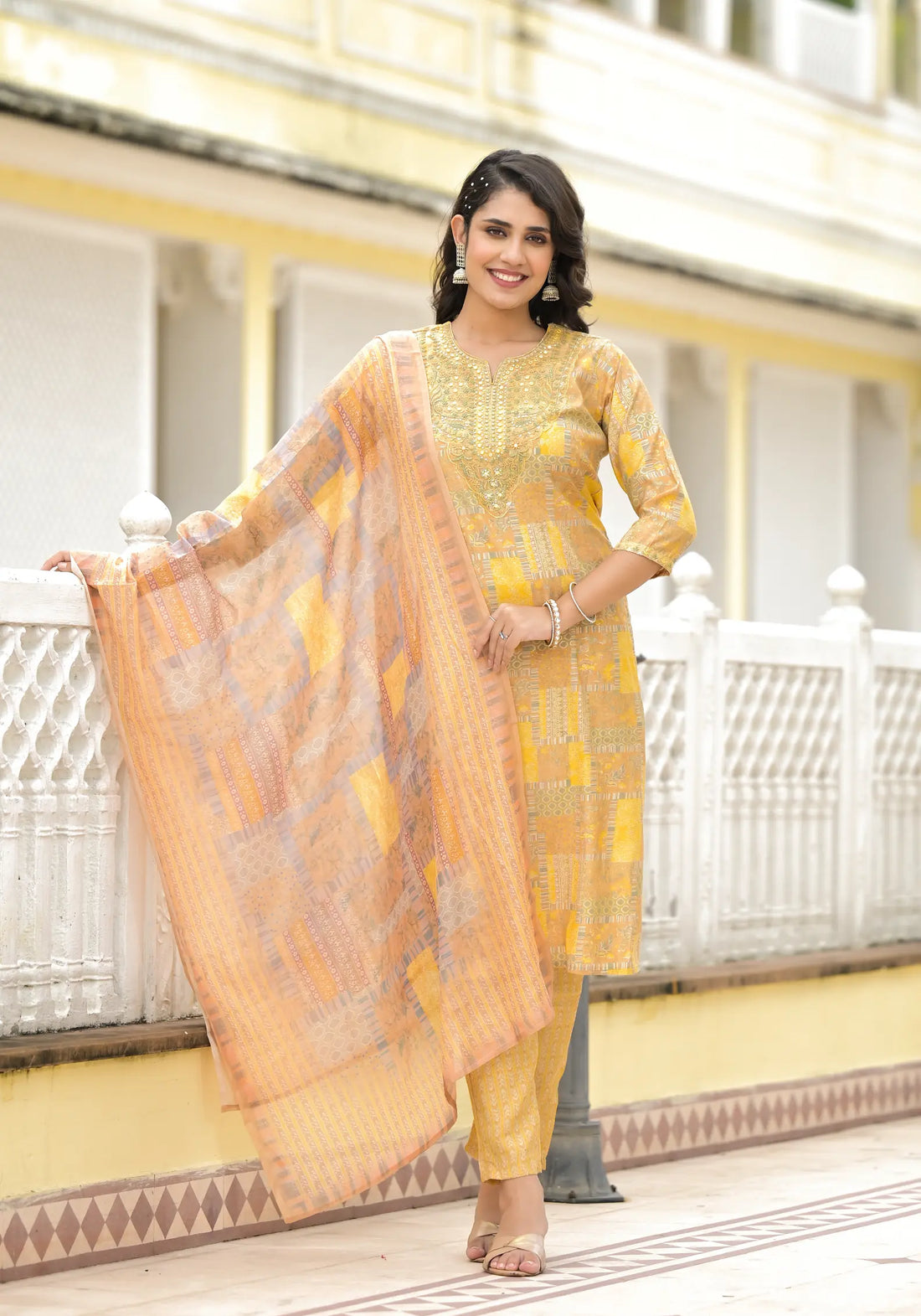 Lemon Yellow Printed Straight Kurta with Dupatta