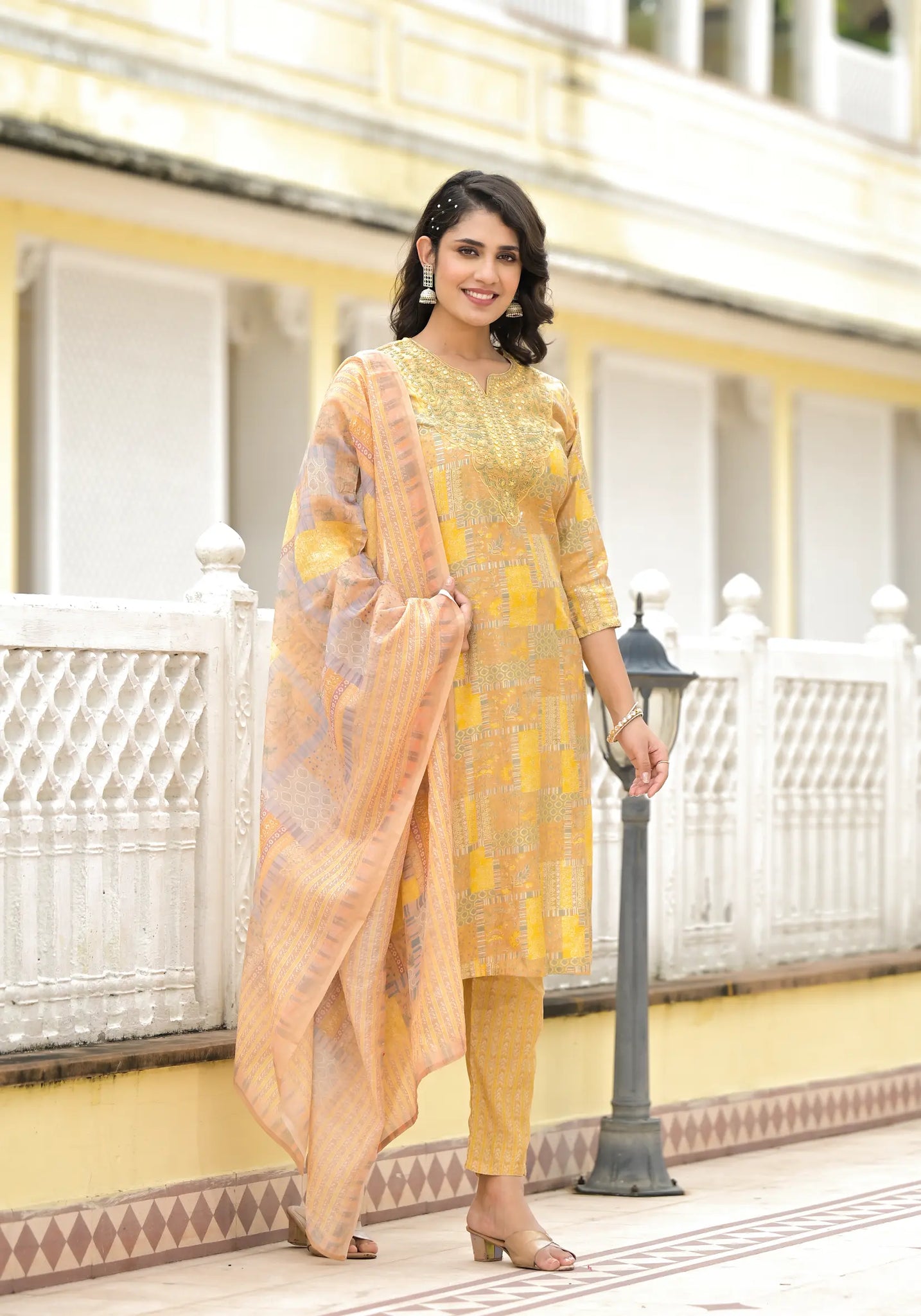 Lemon Yellow Printed Straight Kurta with Dupatta