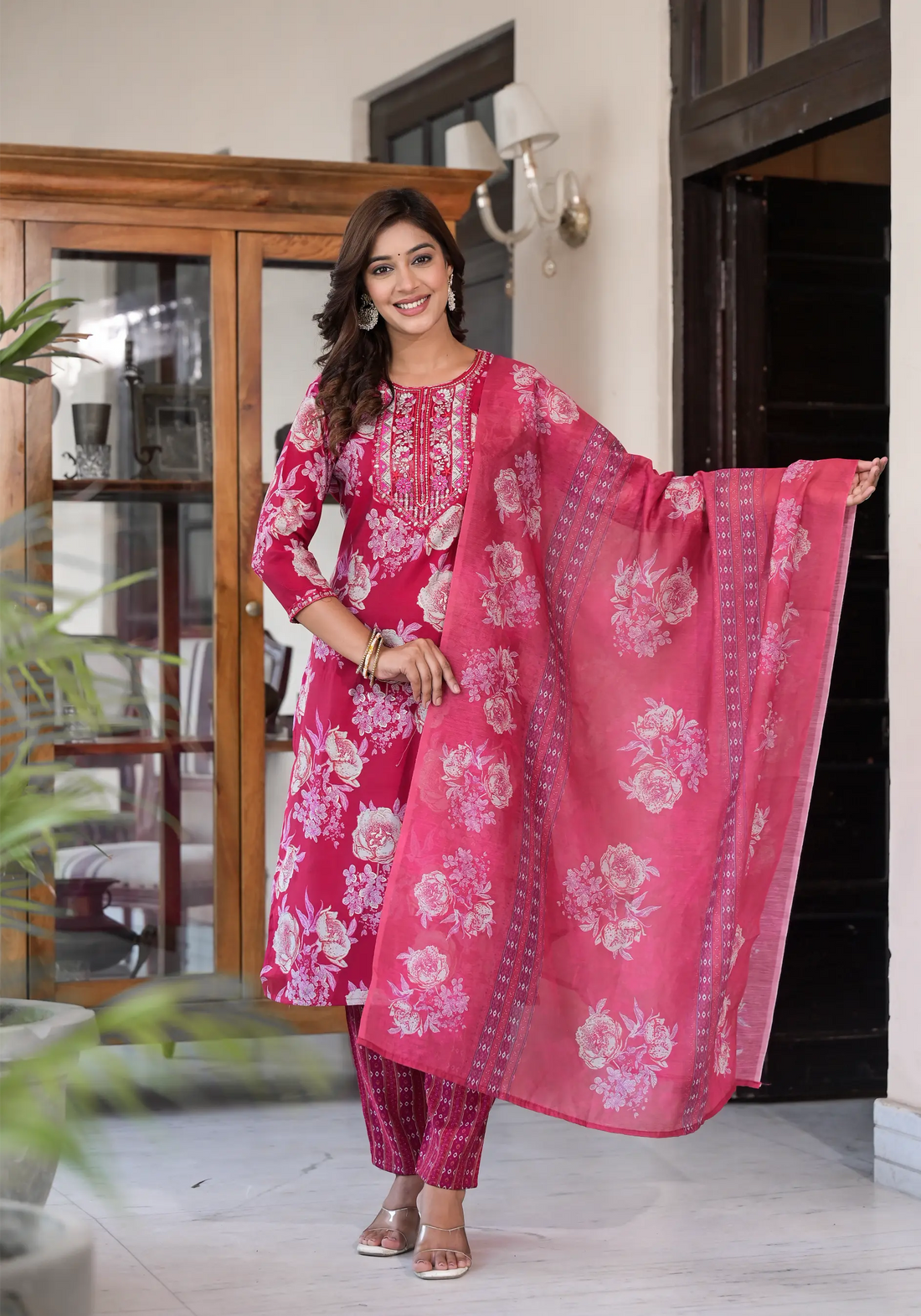 Red Flower Printed Straight Kurta Set