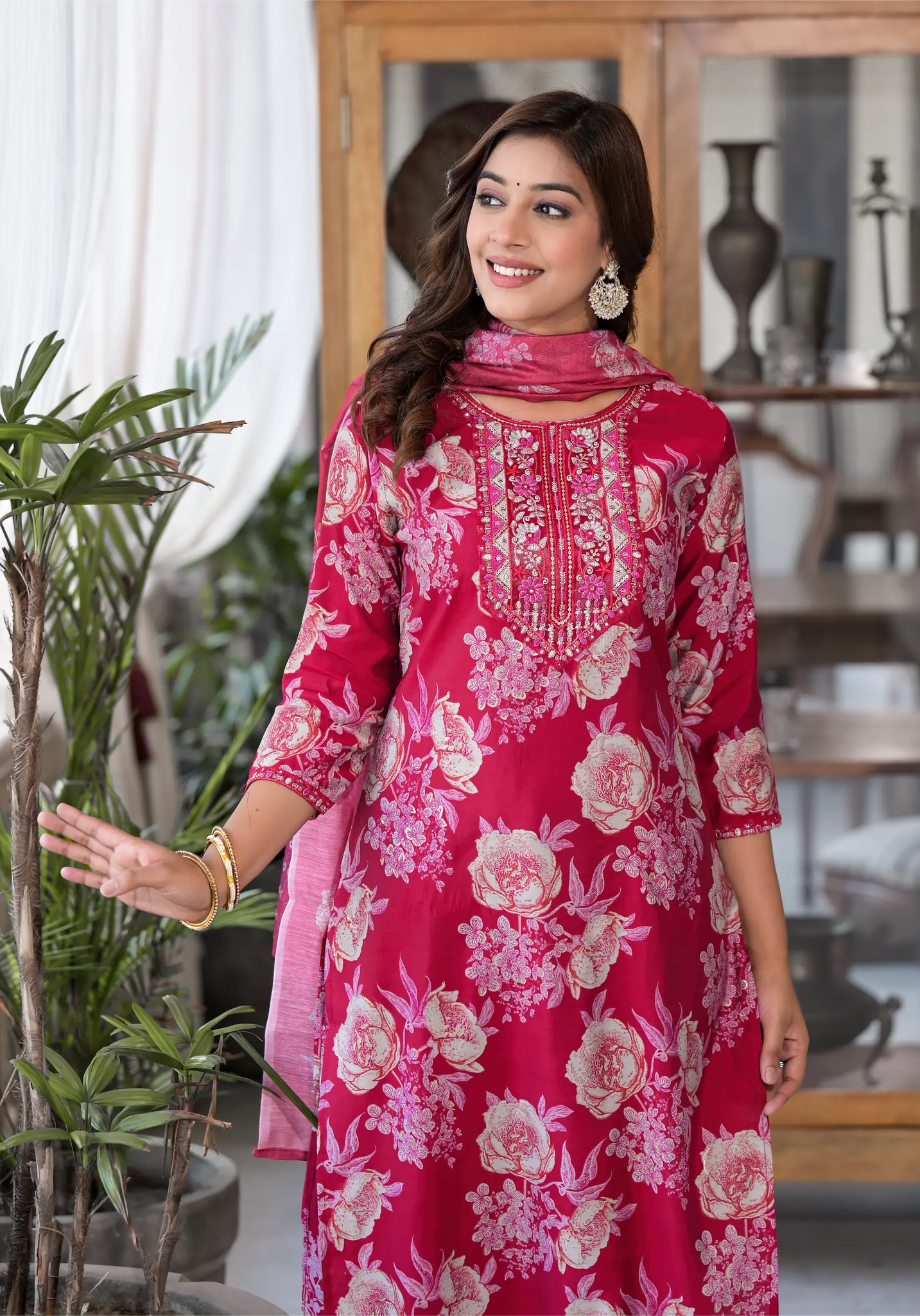 Red Flower Printed Straight Kurta Set