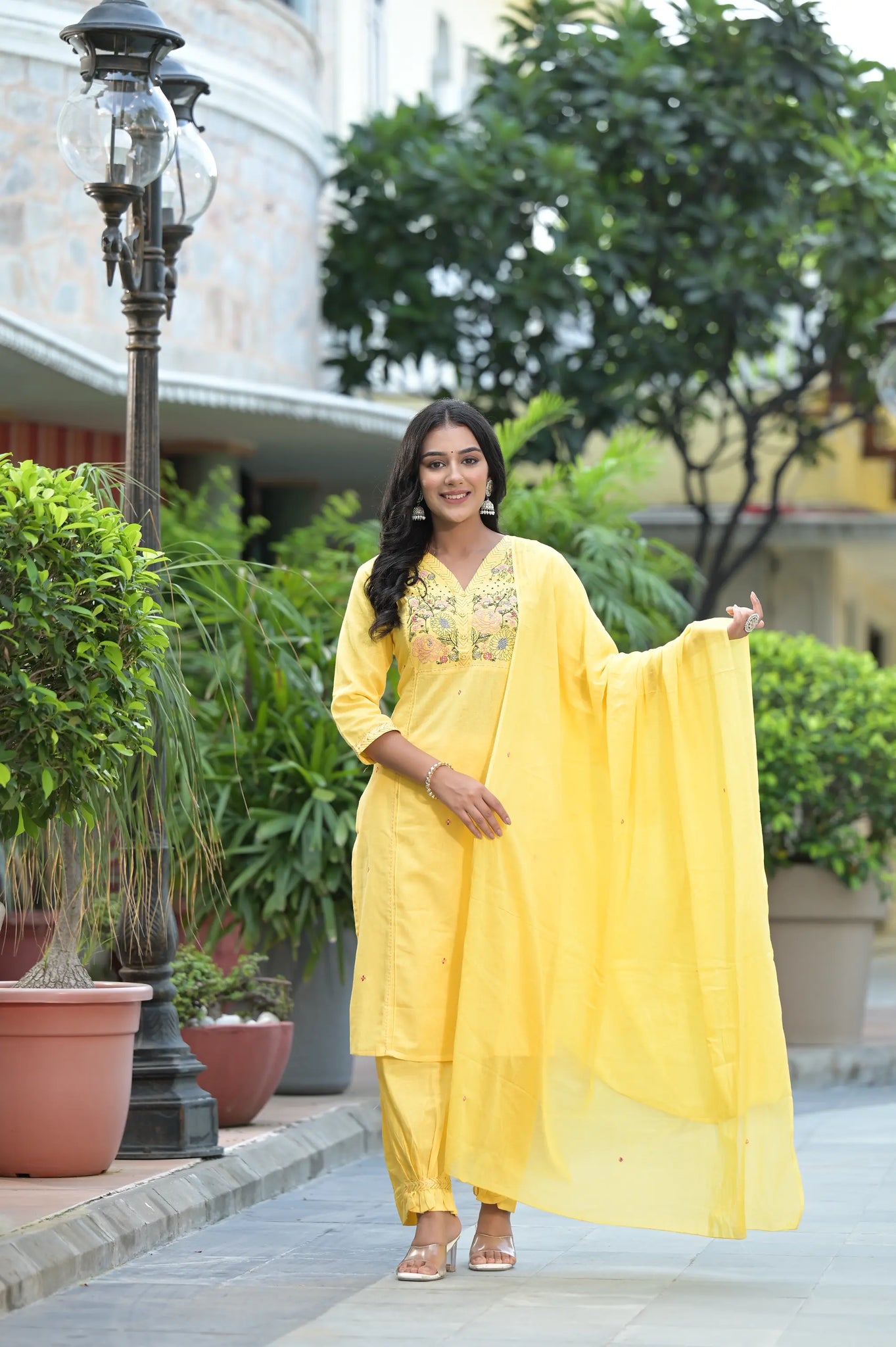 Yellow Floral Printed Cotton Straight Kurta Set