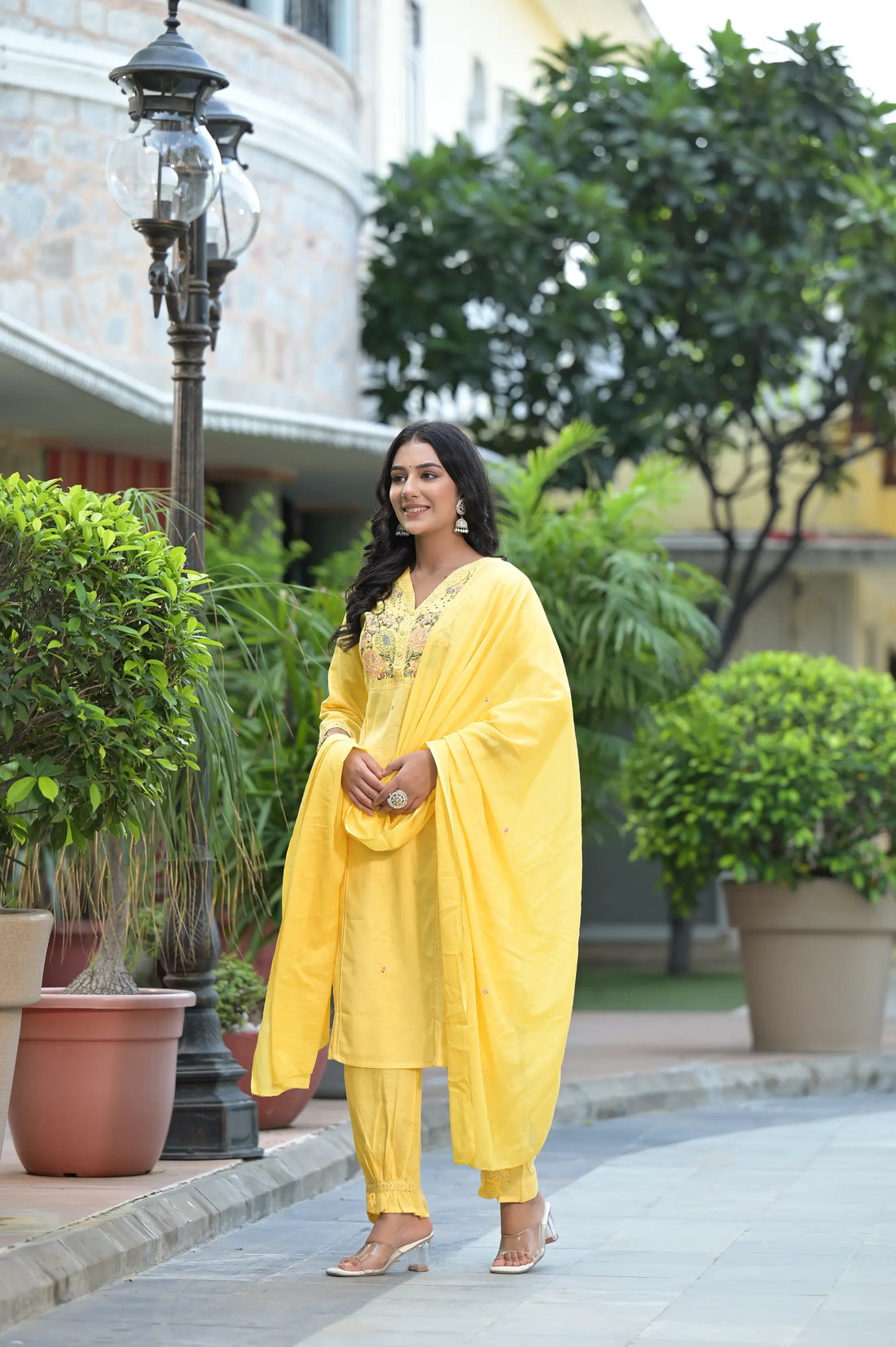 Yellow Floral Printed Cotton Straight Kurta Set