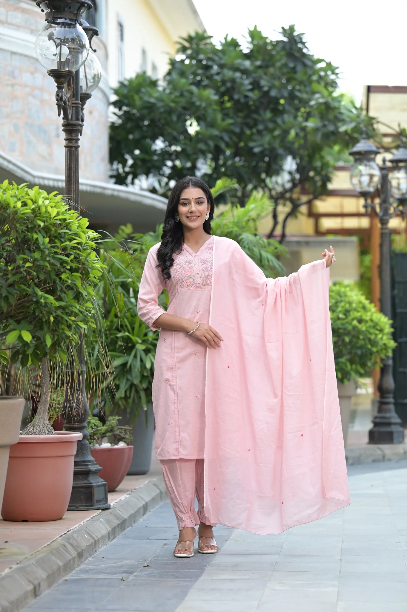 Baby Pink Floral Printed Cotton Straight Kurta Set