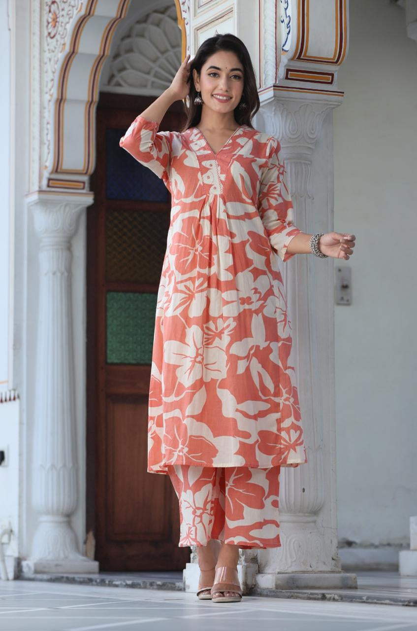 New Orange Cotton 2 Piece Stylish Kurta Set