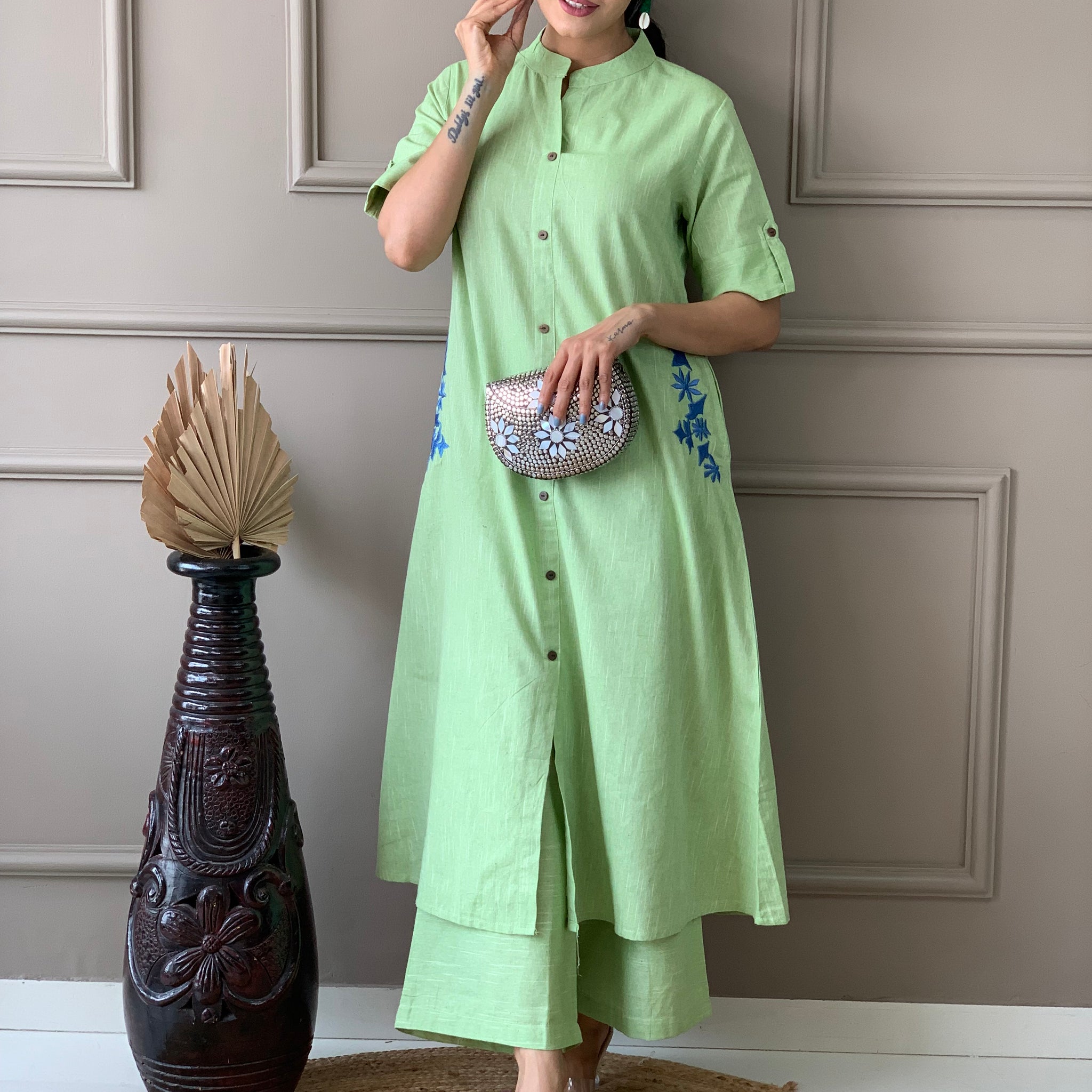 Green solid with embroidery regular wear (Set of 2)