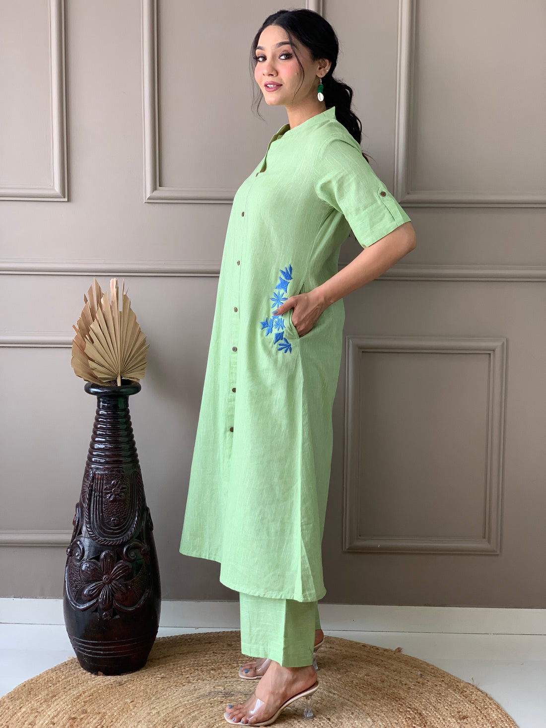 Green solid with embroidery regular wear (Set of 2)