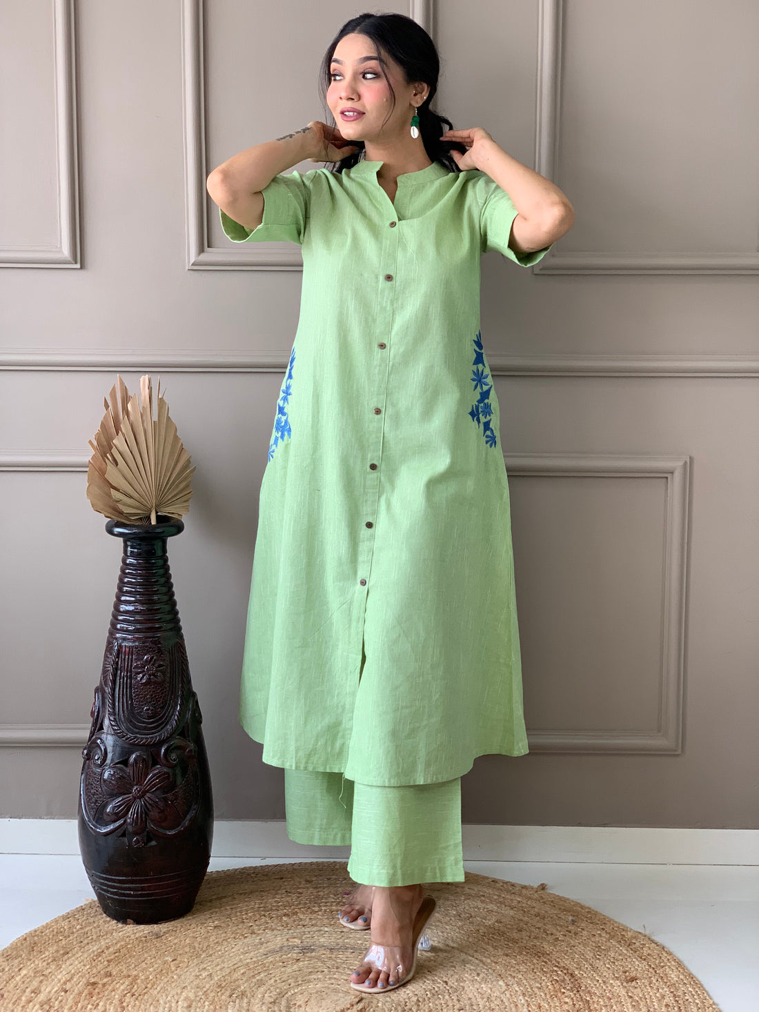 Green solid with embroidery regular wear (Set of 2)