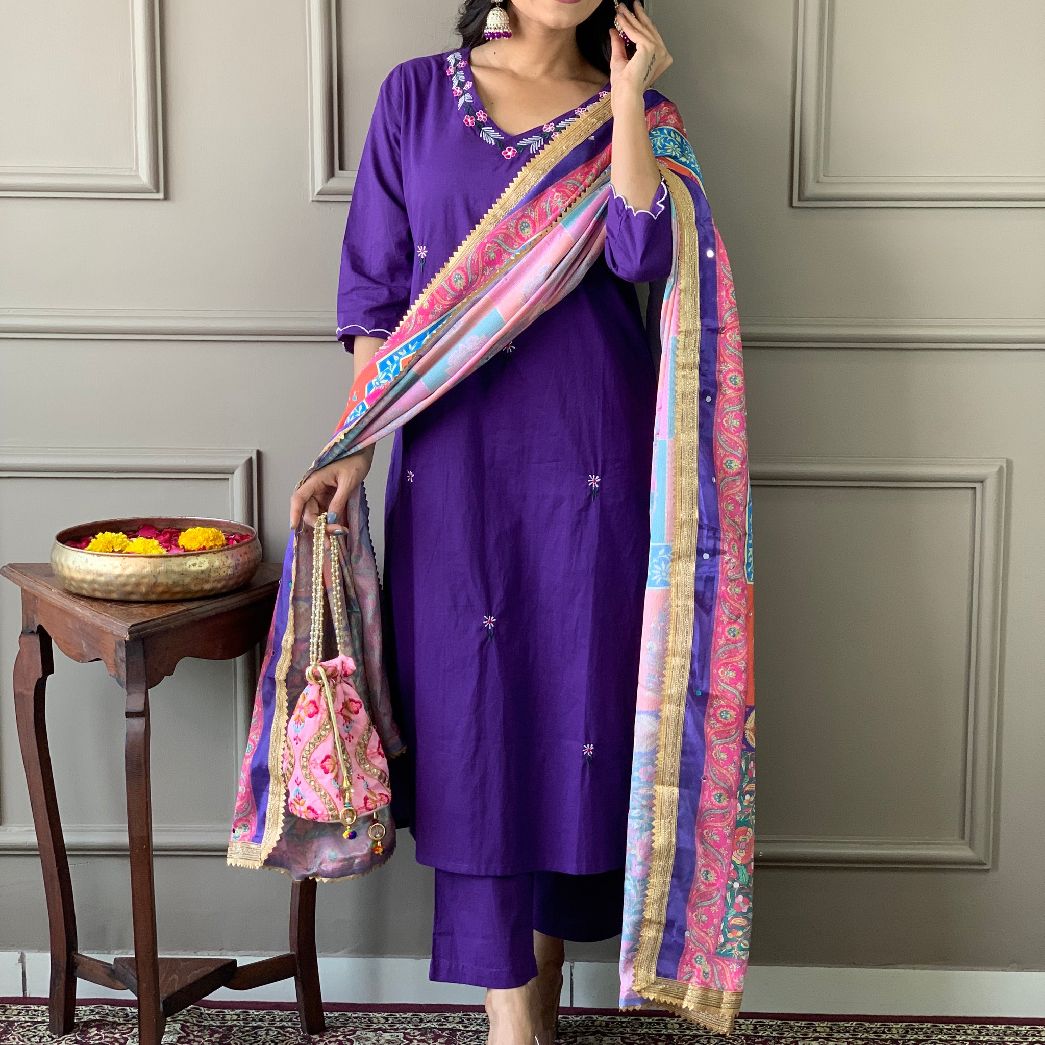 Purple Multi colour with Sequin Embroidered Kurta Set (Set of 3)