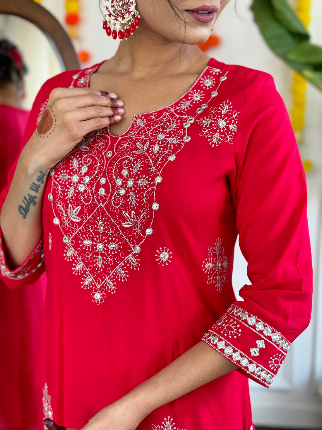 Red Embroidered Cotton Kurta and Pant Set