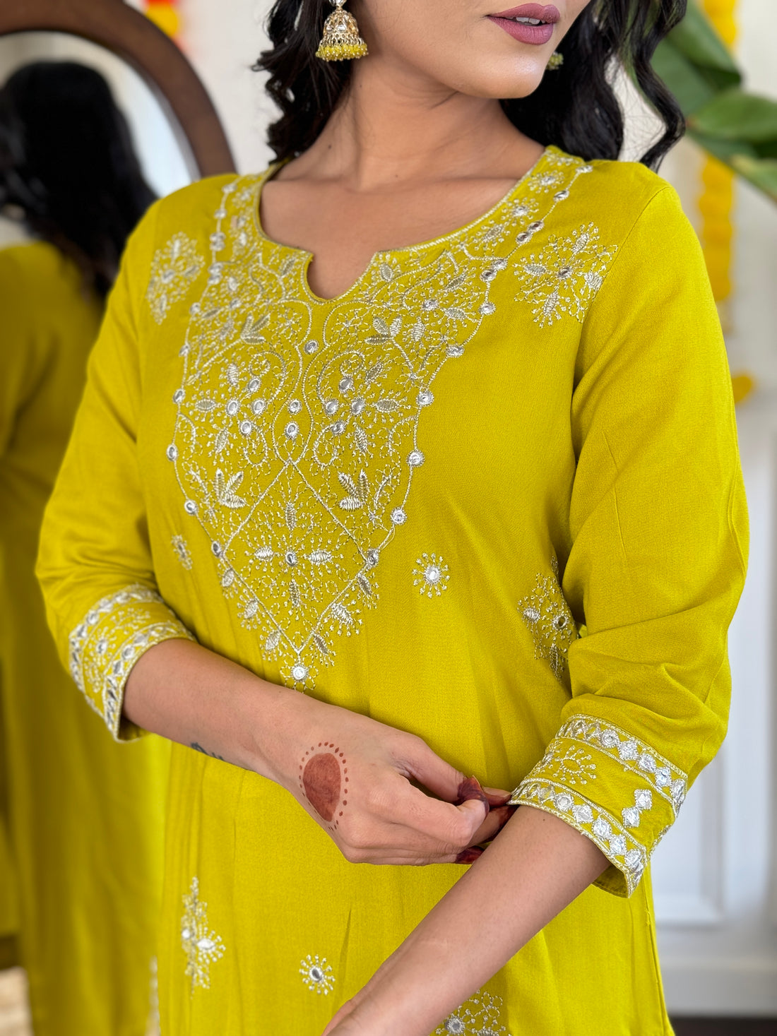 Yellow Embroidered Cotton Kurta and Pant Set