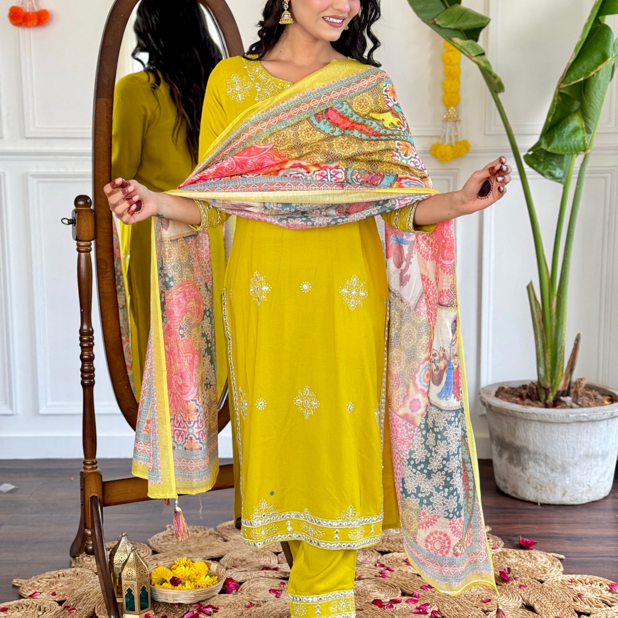 Yellow Embroidered Cotton Kurta and Pant Set