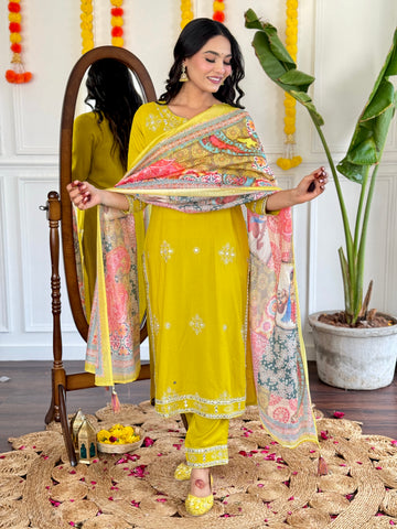 Yellow Embroidered Cotton Kurta and Pant Set