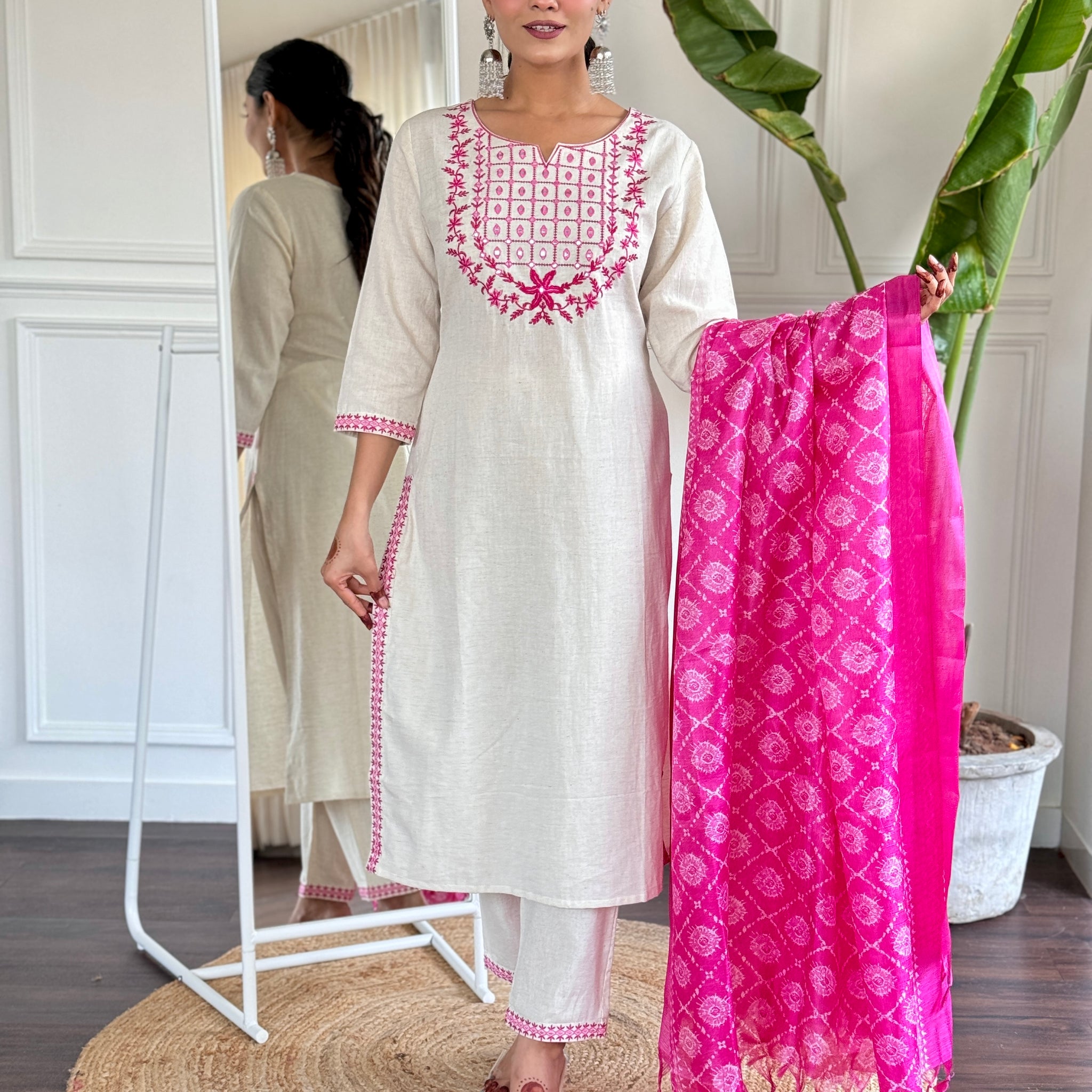 Off White Embroidered Cotton Kurta and Pant Set