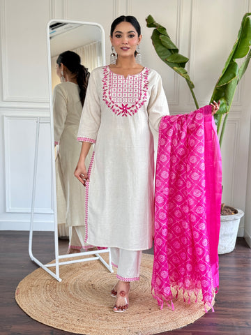 Off White Embroidered Cotton Kurta and Pant Set