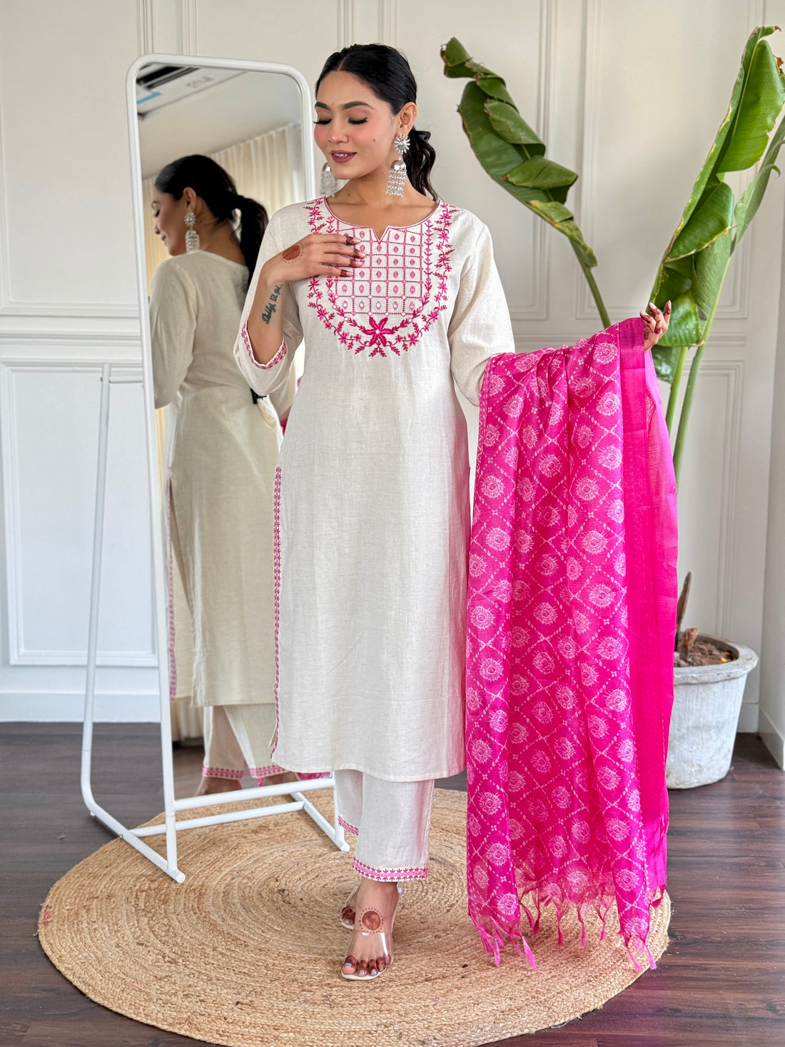 Off White Embroidered Cotton Kurta and Pant Set