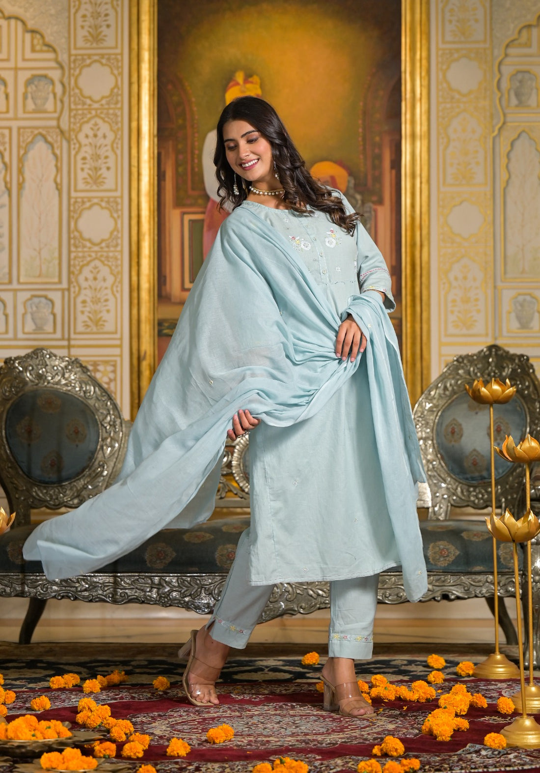 Sky blue solid with embroidery regular wear (Set of 3)