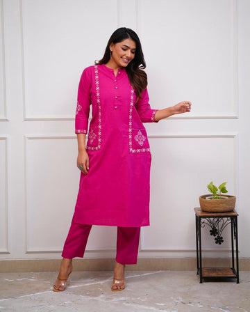 Pink rani Embroidered pocket cotton pant Set (set of 2)