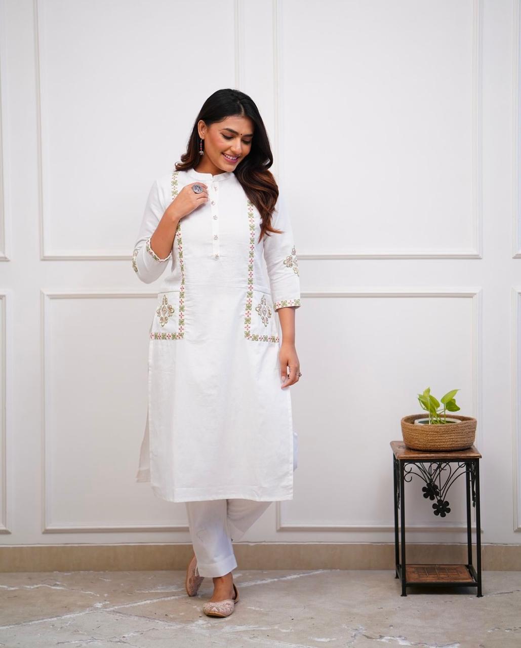 White Embroidered pocket cotton pant Set (set of 2)