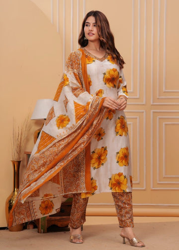 Mustered Placement Print With Handwork Cotton Kurta and Pant Set