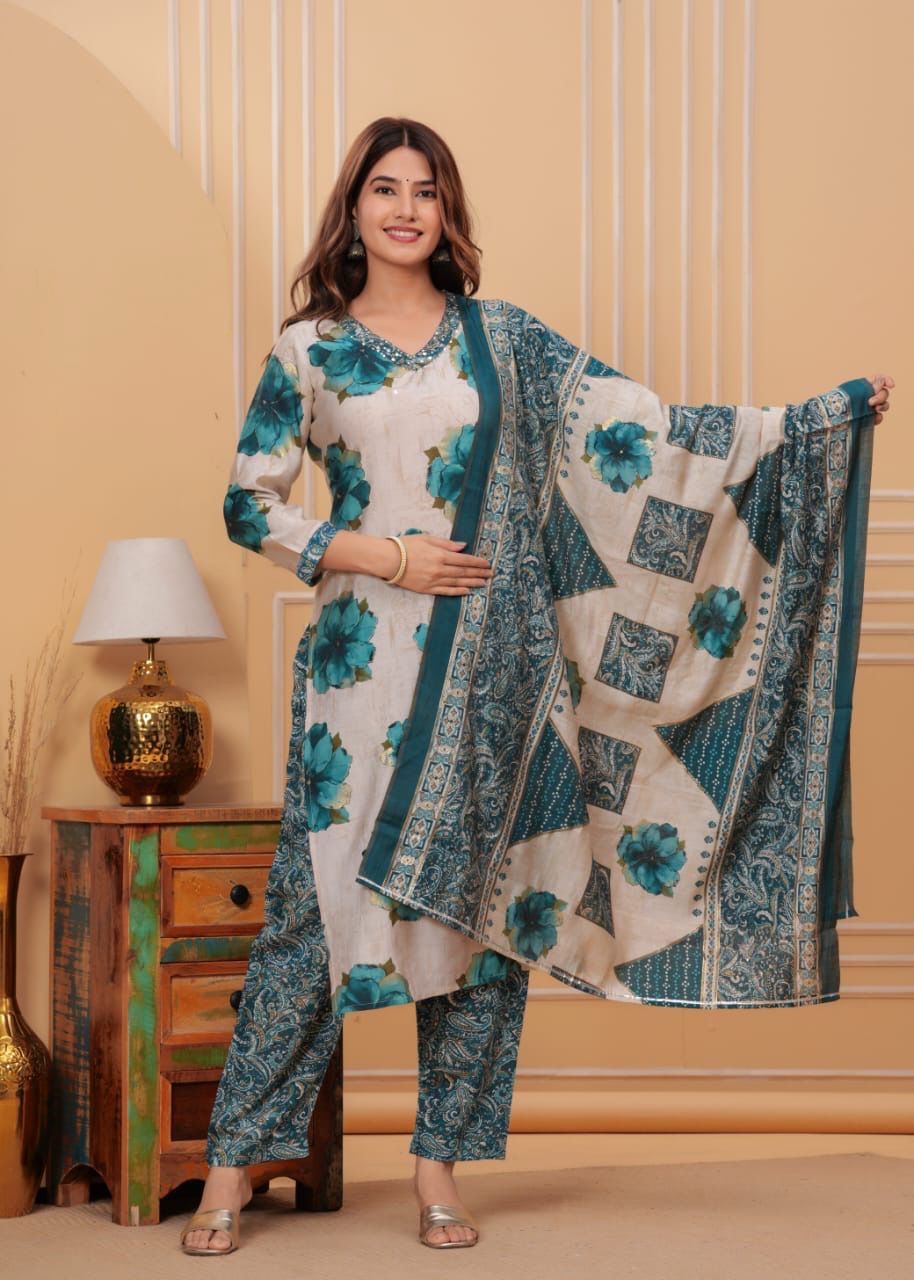 Blue Placement Print With Handwork Cotton Kurta and Pant Set