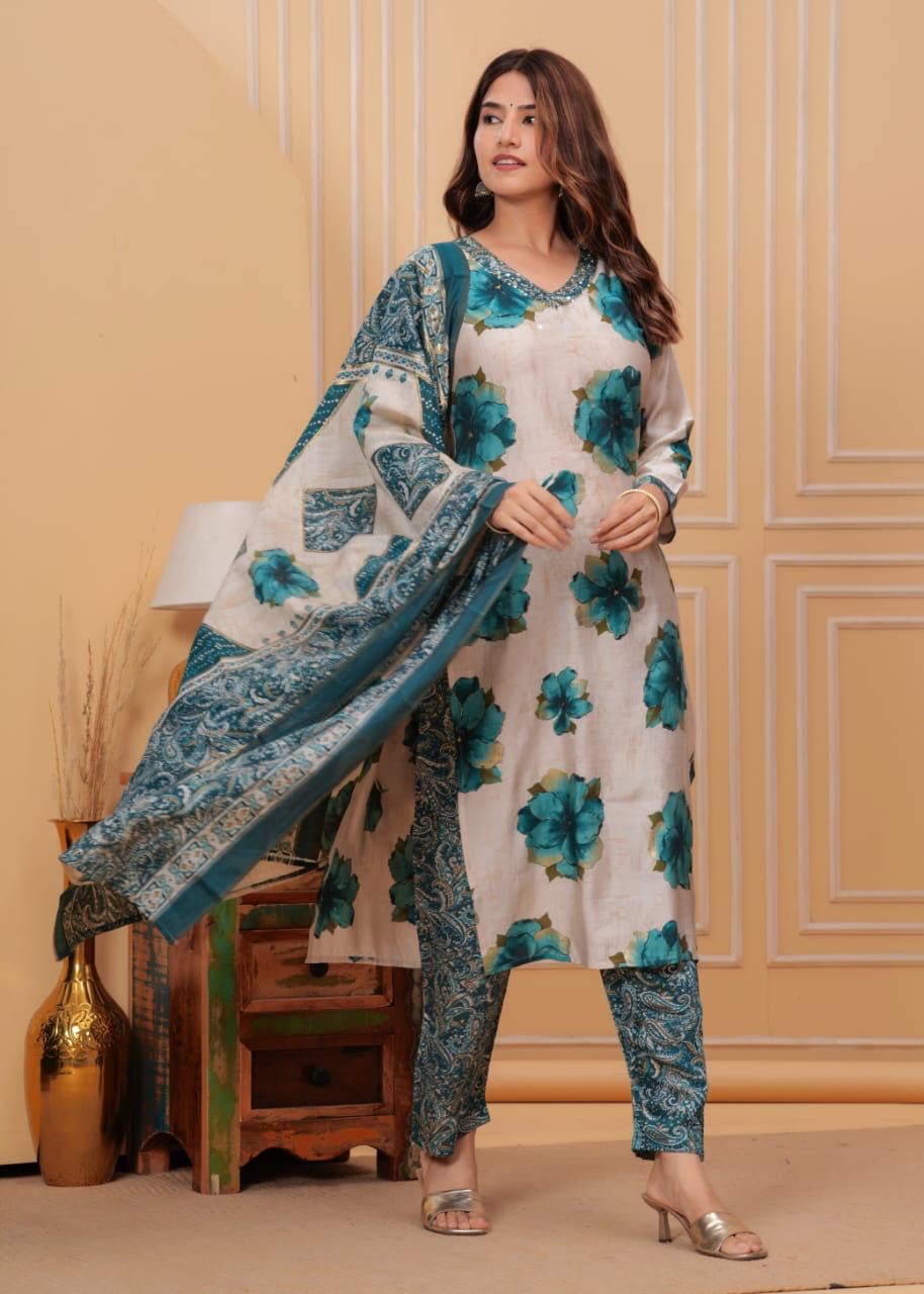 Blue Placement Print With Handwork Cotton Kurta and Pant Set