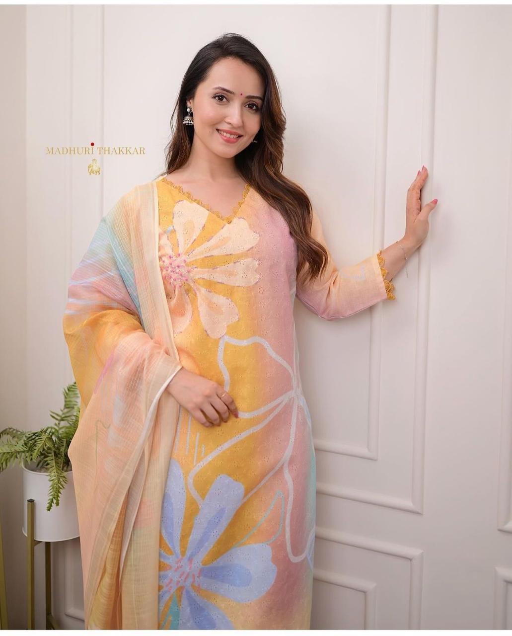 Light Multi Flower Shifly Printed Straight Kurta Set with Dupatta