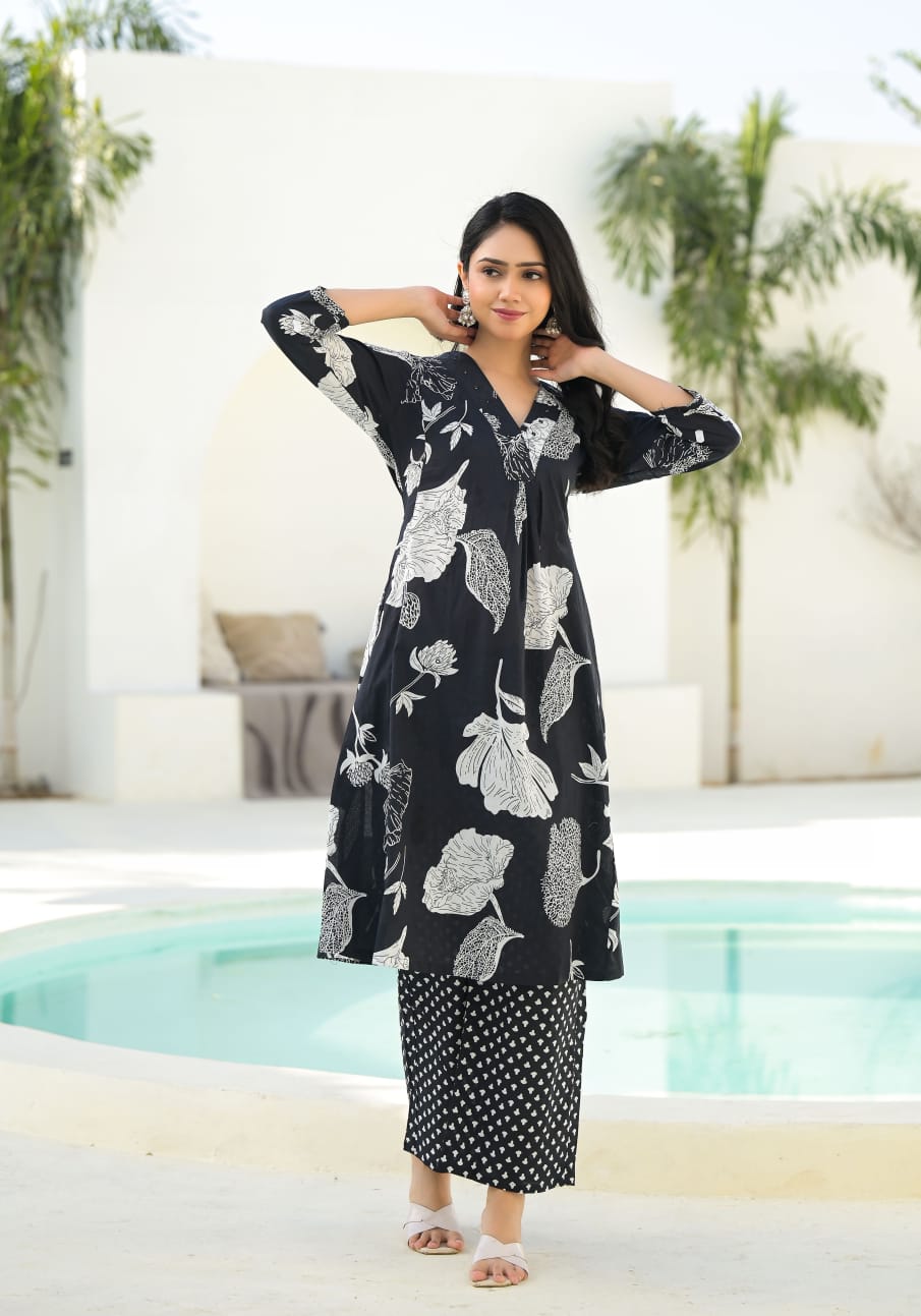 Black Floral Printed Cotton Co-Ord Set (Set Of 2)