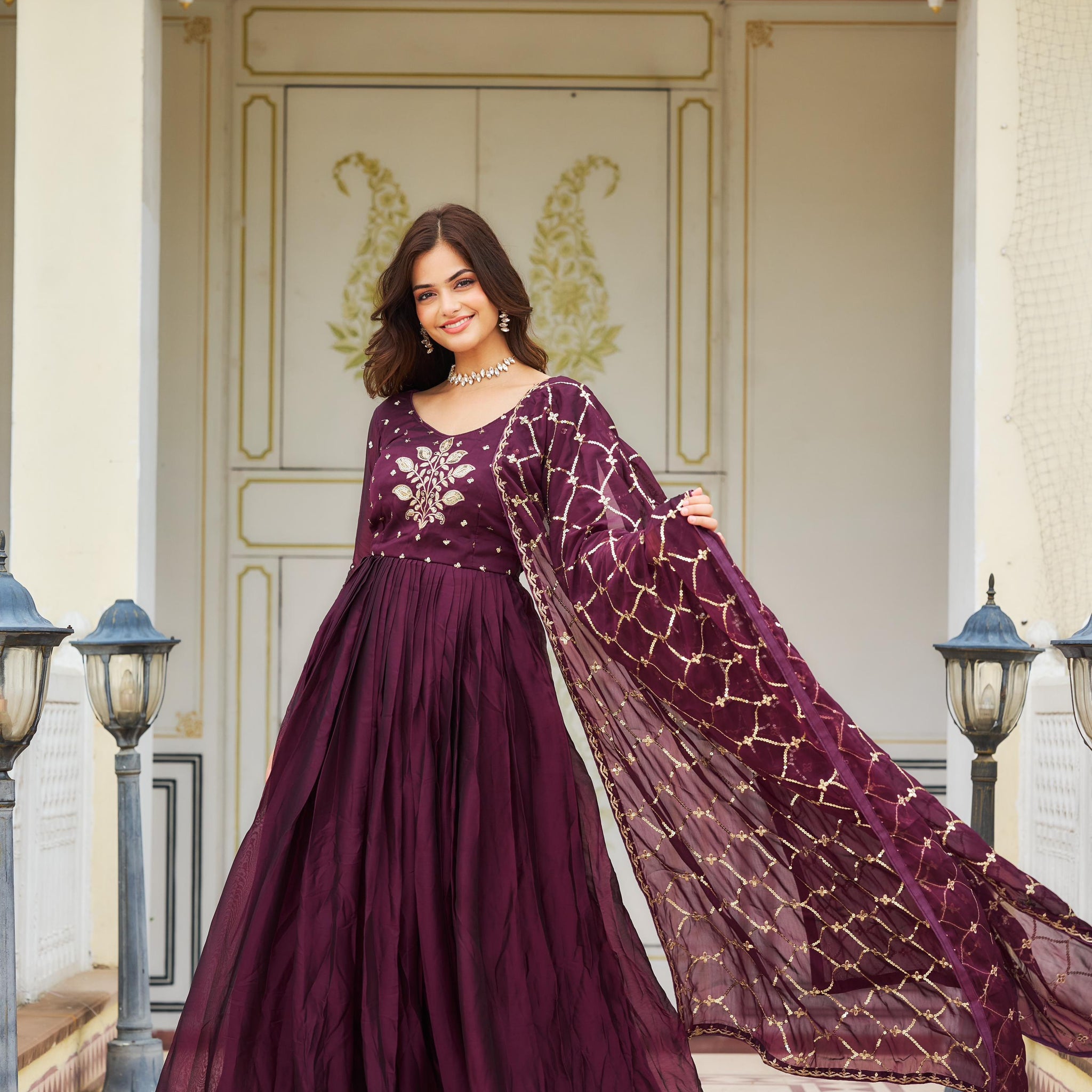 Wine Anarkali With Embroidery dupatta (set of 2)