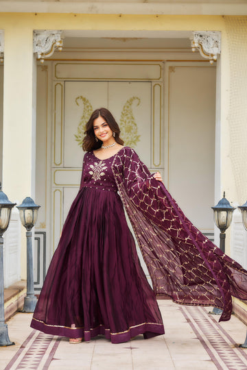 Wine Anarkali With Embroidery dupatta (set of 2)