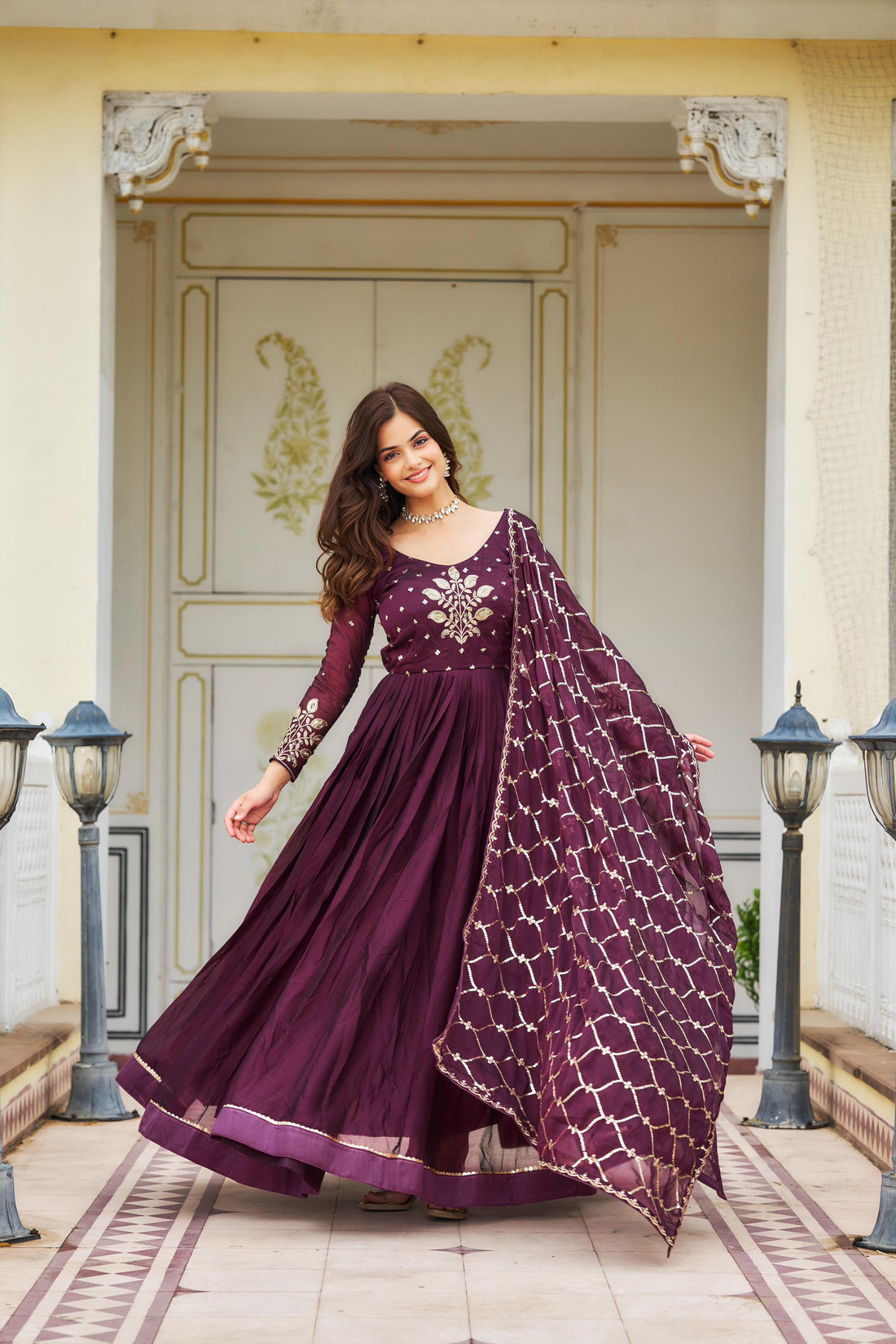 Wine Anarkali With Embroidery dupatta (set of 2)